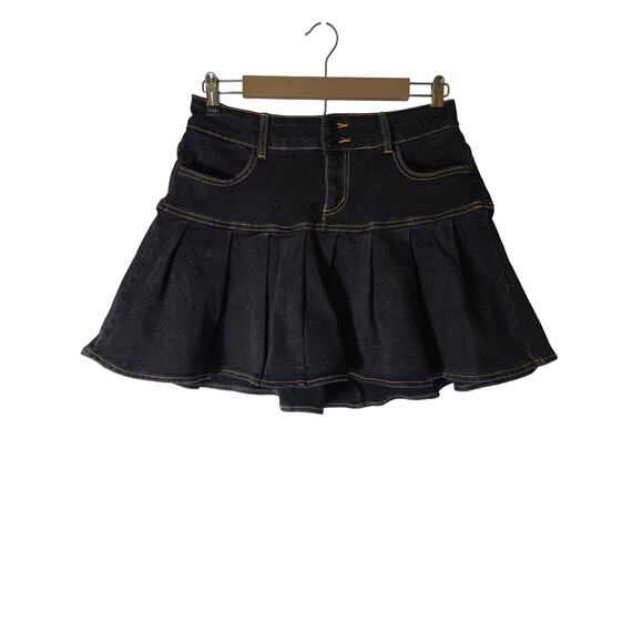 SOCIAL COLLISION Black Denim Yellow Accents Ruffled Mini Skirt SZ L - Picture 1 of 7
